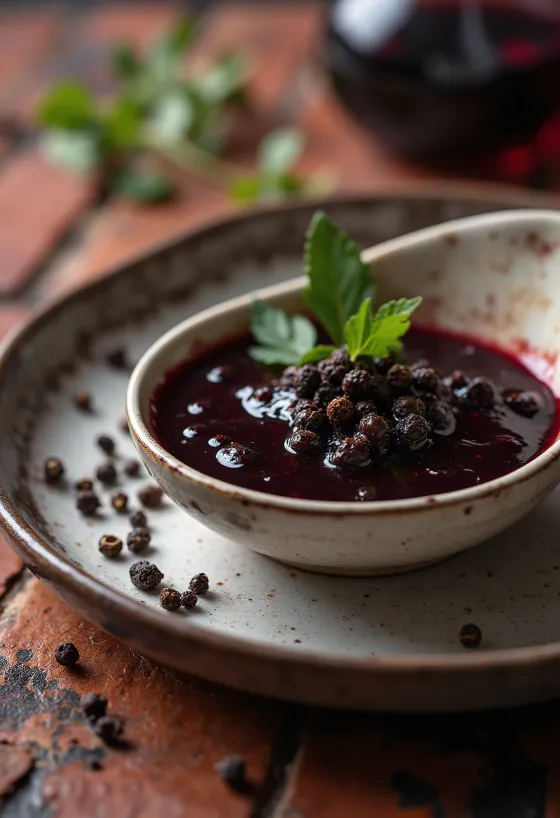 Rödvinssås med svartpeppar serverad