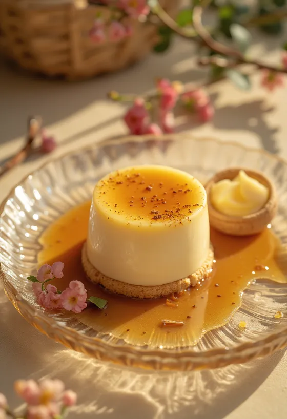 Panna cotta-tårta med karamell serverad i bitar
