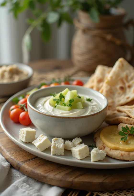 Fräsch mezetallrik serverad med tzatziki, hummus, fetaost och grönsaker