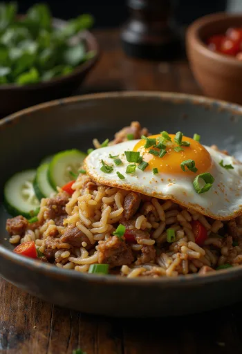Nasi Goreng med biff och stekt ägg serverad