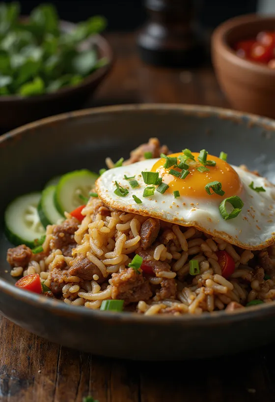 Nasi Goreng med biff och stekt ägg serverad