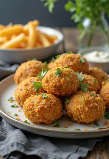 Gyllenbruna friterade champinjonhattar i krispig panering, serverade med färsk sallad och tartarsås.