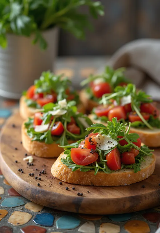 Bruschetta med ruccola och parmesan, serverad färsk