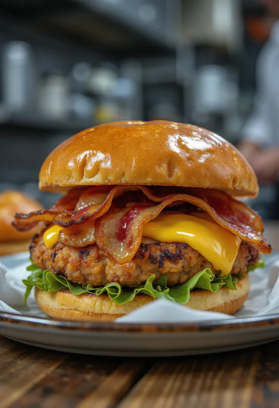 Kyckling Club Burger med knaprigt bacon och grillad kyckling