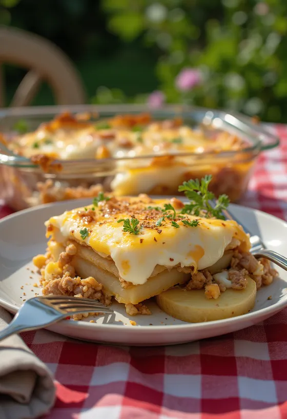 Potatisgratäng med köttfärs serverad