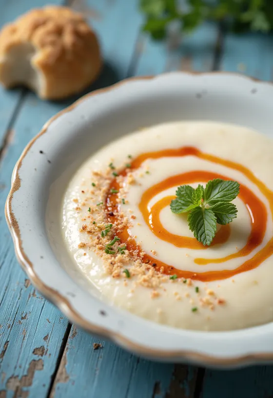 Blomkålssoppa med rökt paprika serverad