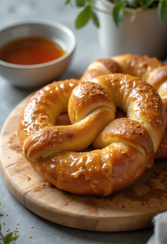 Pretzel serverad med lönnsirap, rikligt täckt, krispig utsida och mjuk insida.