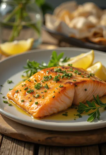 Ugnsbakad laxfilé, garnerad med krispigt skinn och citronskivor