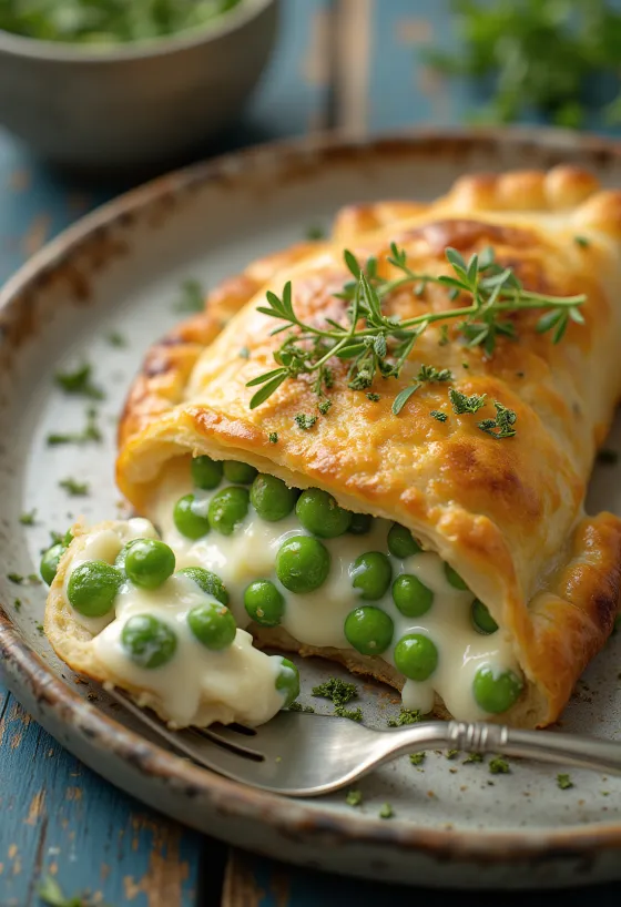 Gyllenbrun calzone med gröna ärtor