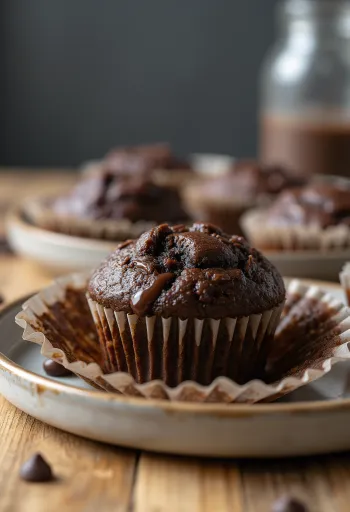 Gyllenbruna chokladmuffins serverade med chokladbitar