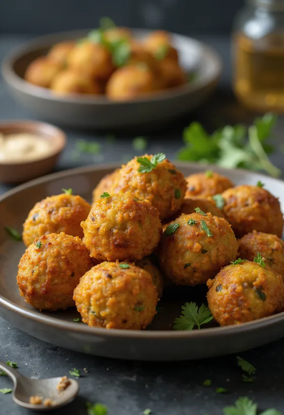Falafel med krispig gyllenbrun yta, strösslad med färska örter