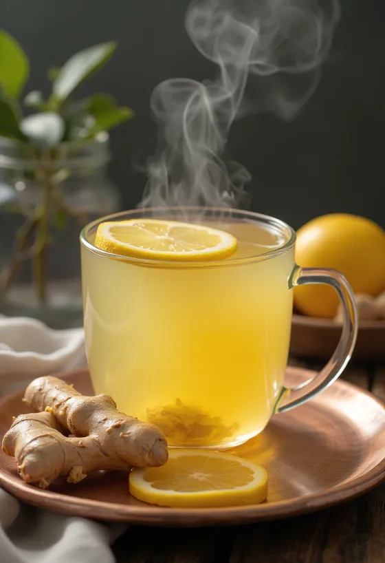 Ingefärs- och citronte serverat med honung i glasmugg