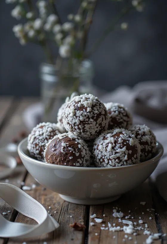 Snöiga chokladtryfflar rullade i kokos