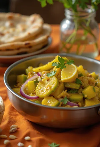 Wokad bittergurka serverad, ringlad med färsk koriander och citronsaft