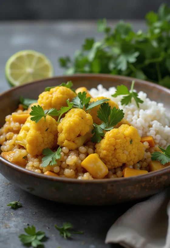 Blomkål- och quinoacurry Buddha-bowl med curry-lime-tofu serverad