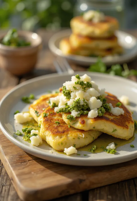 Pannkaka med kyckling och pesto nystekt