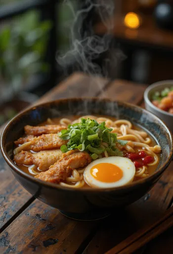 Ramenskål med stekt kyckling, nudlar och tillbehör