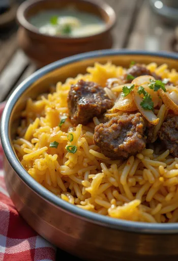 Biryani med getkött, kryddig risrätt i indisk stil