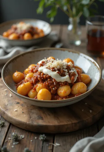 Gnocchi med bolognesesås serverad på tallrik