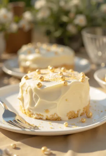 Glittertårta med vit fondanttäckning och guldfärgad dekoration