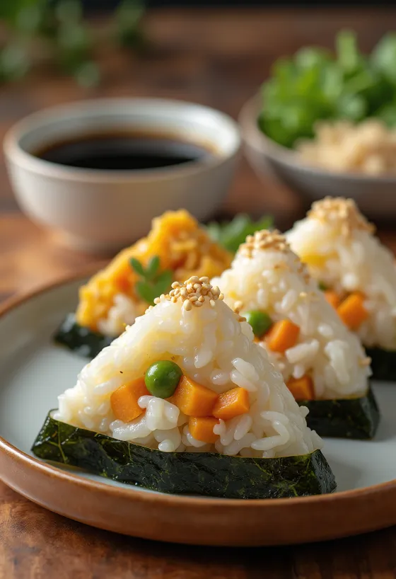 Curry-grönsaks onigiri serverad med noriblad