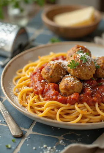 Köttbullar med tomatsås och spaghetti serverad