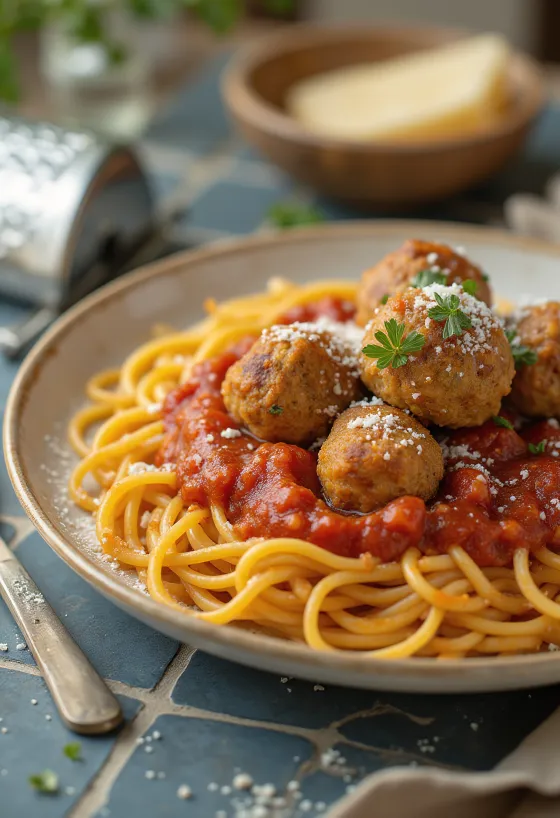 Köttbullar med tomatsås och spaghetti serverad