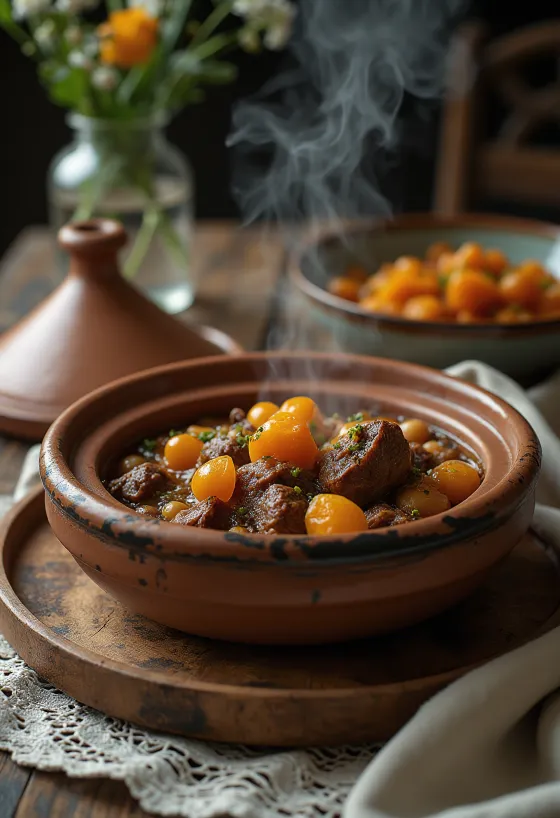 Marockansk tagine serverad i lergryta, dekorerad med rika kryddor och färgglada grönsaker.