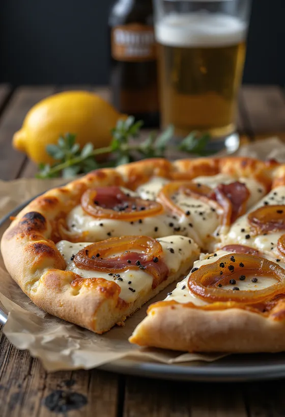 Pizza Alsacienne med gräddfil, lök och bacon