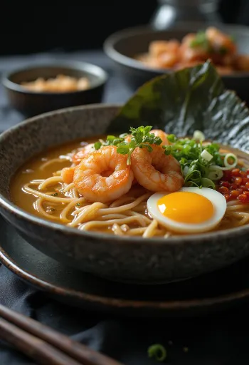Ramenskål med stekta räkor, nudlar och tillbehör
