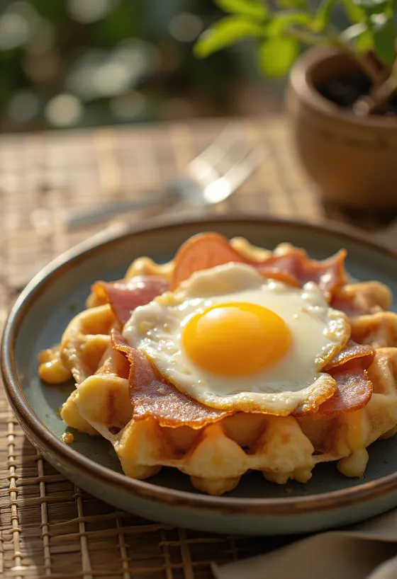 Croque Madame våffla nylagad med stekt ägg