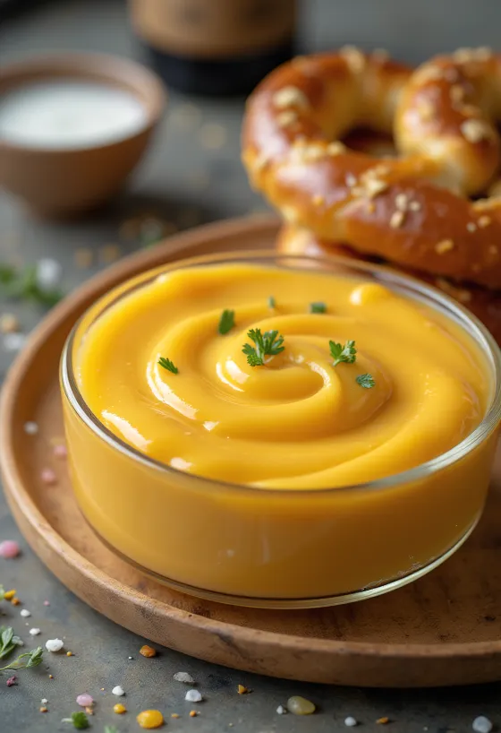 Öl- och cheddarostsås i en skål, dekorerad med färsk persilja, bredvid nachos.