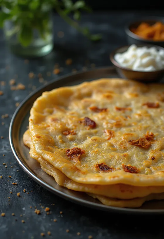 Adai dosa nygräddad, krispig, serverad med kryddig fyllning