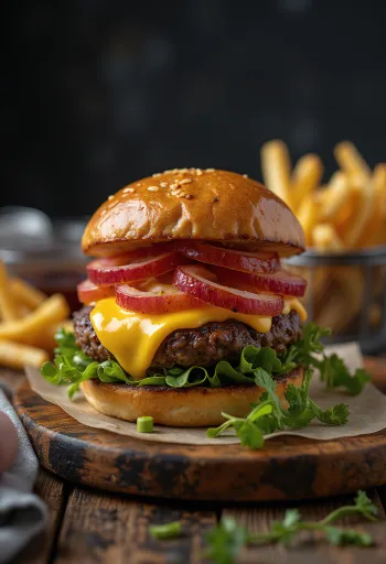 Bisonburgare med smält ost och färska grönsaker