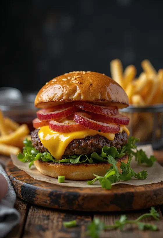 Bisonburgare med smält ost och färska grönsaker