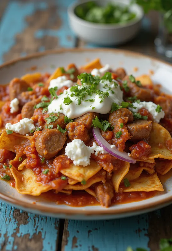 Chilaquiles con longaniza, serverad med färsk koriander, gräddfil och ost