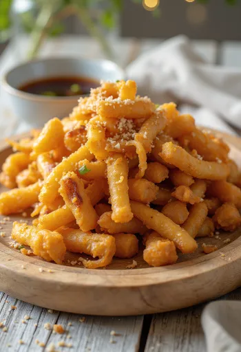 Kakiage med rökt kött, krispiga tempuragrönsaker serverade med rökta kötttärningar