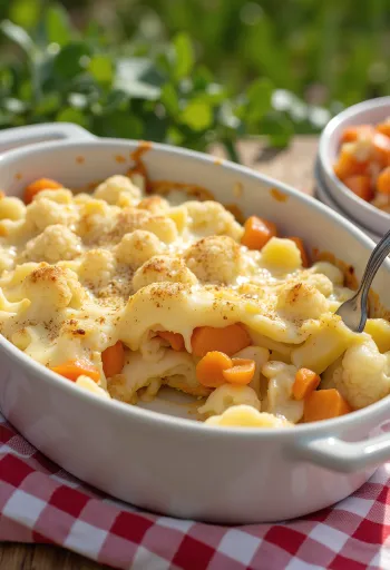 Blomkålsgratäng med grönsaker serverad