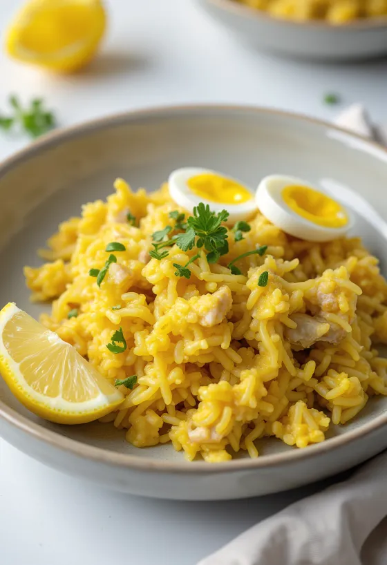 Kedgeree med kipper, fiskris, ägg och persiljedekoration