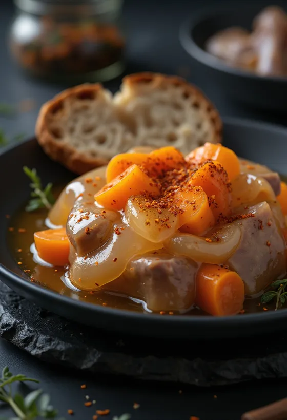 Traditionell aladåb serverad med kokt fläskkött och grönsaker.