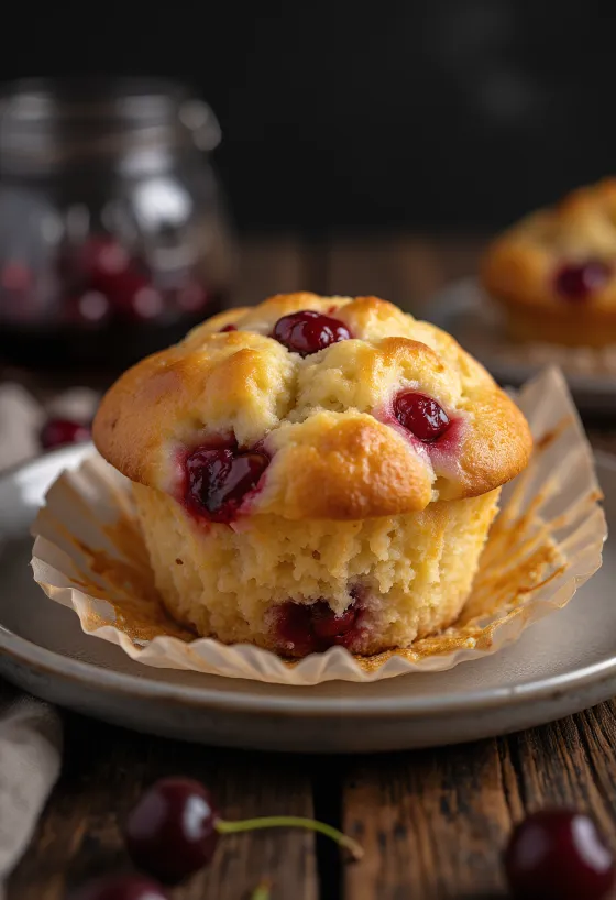 Nygräddade körsbärsmuffins pudrade med florsocker