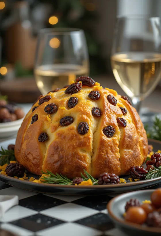 Panettone med russin, serverad för festliga tillfällen