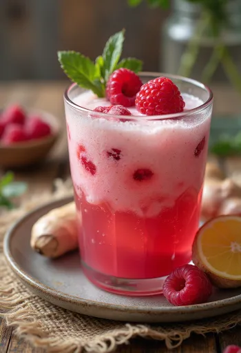 Probiotisk vattenkefir med hallon i glas, serverad med färska hallon