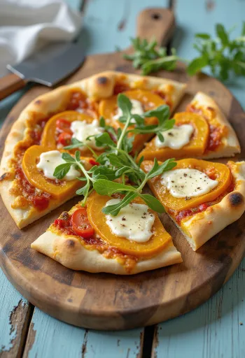 Pumpapizza med vegansk ost serverad