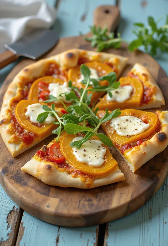Pumpapizza med vegansk ost serverad