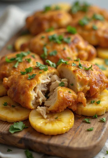 Acarajé med kyckling, tapiokabollar, stekt banan och garnerad med koriander