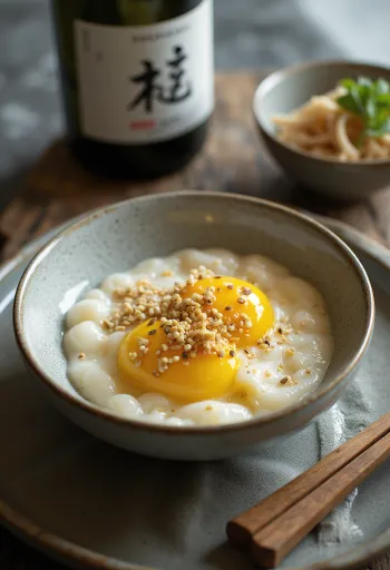 Chawanmushi serverad med sake, sesamfrön och färsk salladslök i porslinsskål