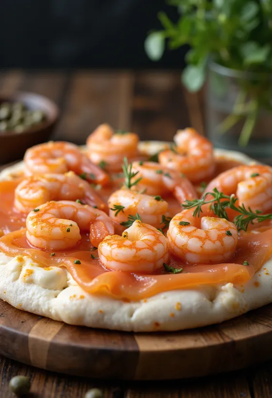 Pizza Frutti di Mare med rökt lax serverad
