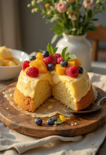 Färsk frukttårta med färgglada frukter och blankt gelélager