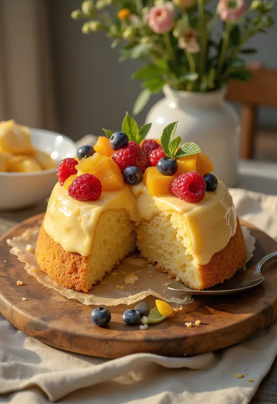 Färsk frukttårta med färgglada frukter och blankt gelélager